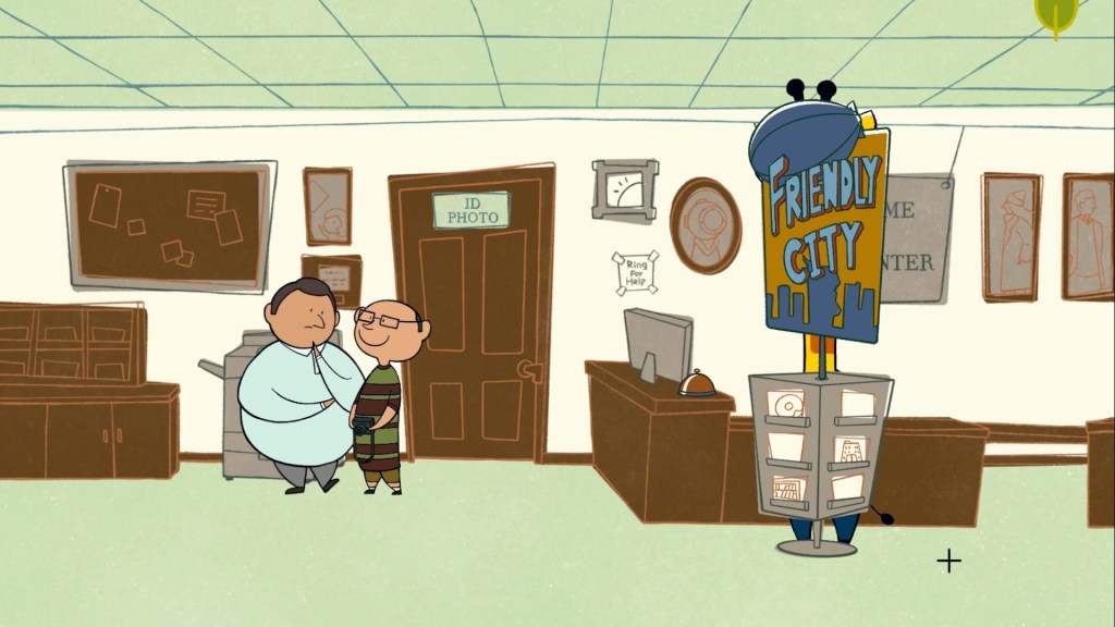 Two humans and a giraffe are in a photo center. The two humans are talking in front of a printer. The giraffe's bottom half is hiding behind a postcard rack and his top half is hiding behind a sign that says "Friendly City."