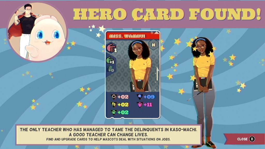Miss. Wambui's Hero card displaying her stats during Promise Mascot Agency's mascot events