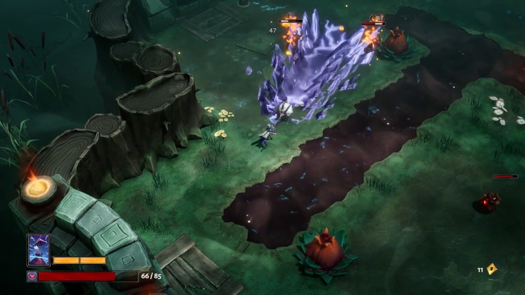 Aleksandra slamming a hammer down on the ground. From the hammer's impact point springs a line of black ice shards that hit two plant-like enemies at the end of it. They are in a swampy area.