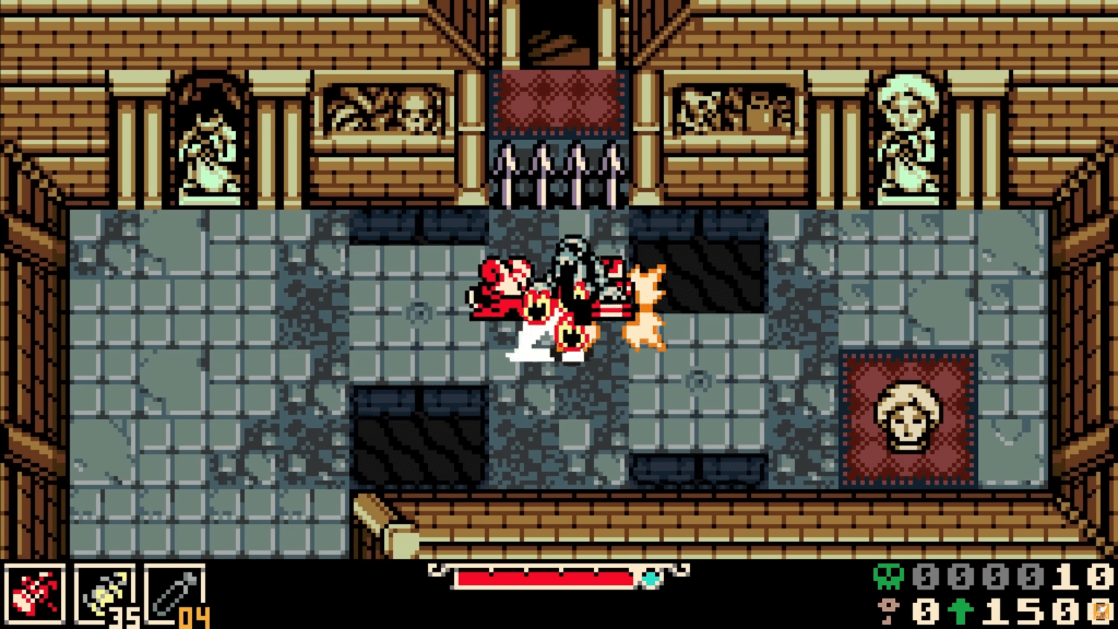 Mina is slamming a hammer down on a ghost-like enemy inside a castle room that has statues in it.