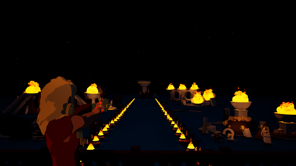 A blond, slightly muscular person is aiming their slingshot at a large chalice in the far distance. The distance there is highlighting by two parallel lines of small chalices lit on fire. Bigger chalices are on the outskirts of these lines that are also on fire.