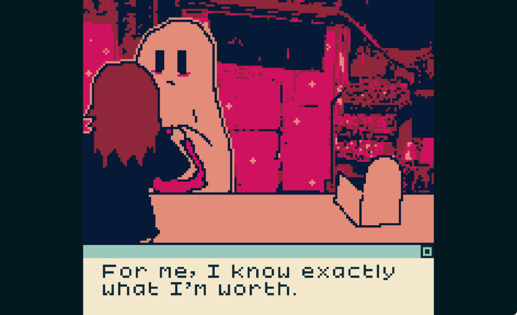 A white shapeless being with a shy face grabbing items they paid for from a cashier.