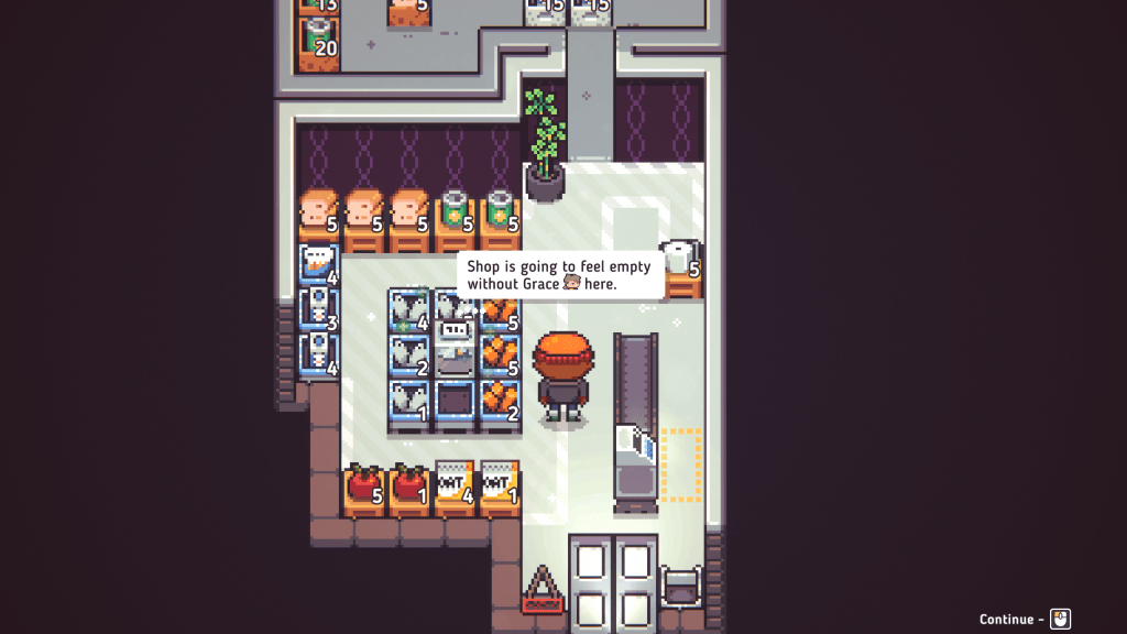 The player's character Shopkeeper is standing in the middle of an empty shop saying "Shop is going to feel empty without Grace [small headshot of Grace] here."