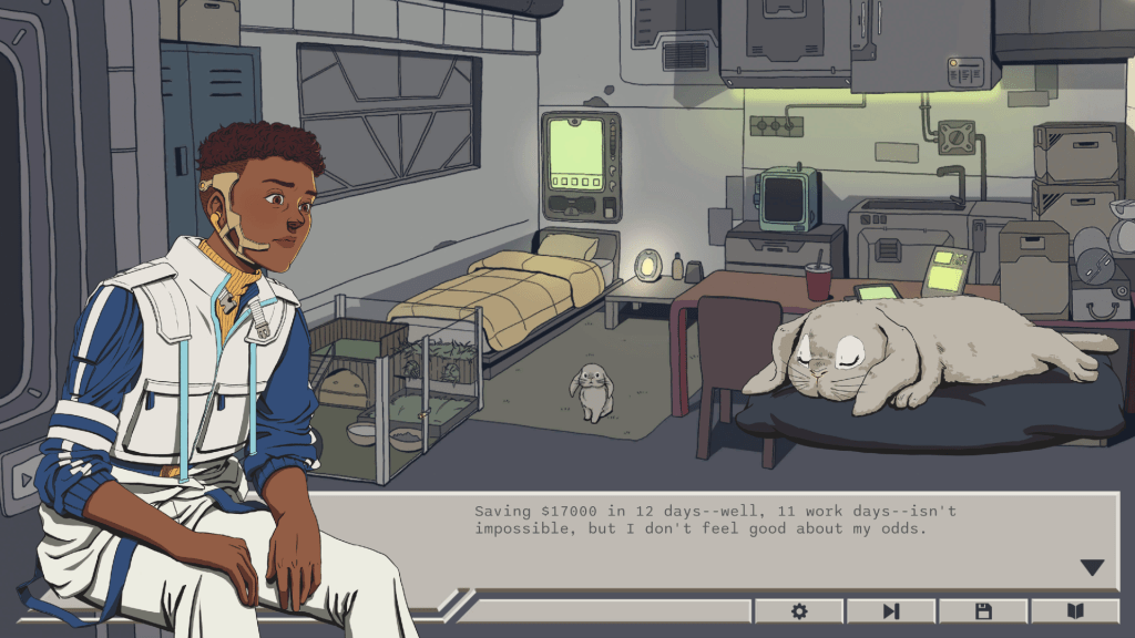 Jin is looking at their bunny in their small apartment. The apartment has a cyberpunk look, and is orderly but filled with boxes.
Text on the screen reads "Saving $17000 in 12 days--well, 11 work days--isn't impossible, but I don't feel good about my odds."
