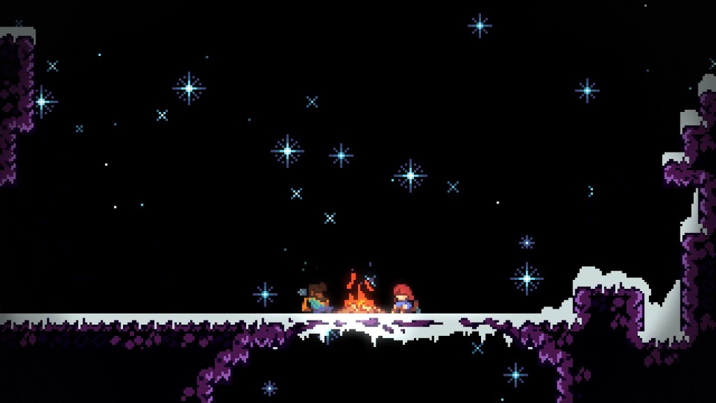 A screenshot of Madeline sitting with a sleeping Theo on a snowy section of Mount Celeste, backdropped by a starry night. 