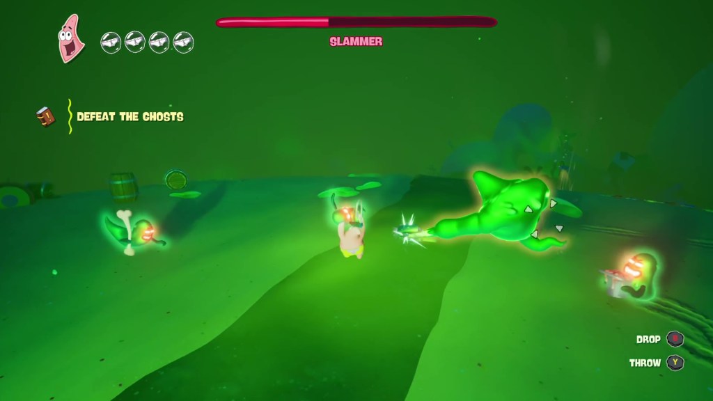 A screenshot showing Patrick carrying a ghost above his shoulders and preparing to throw it at a bigger ghost that's attacking him.