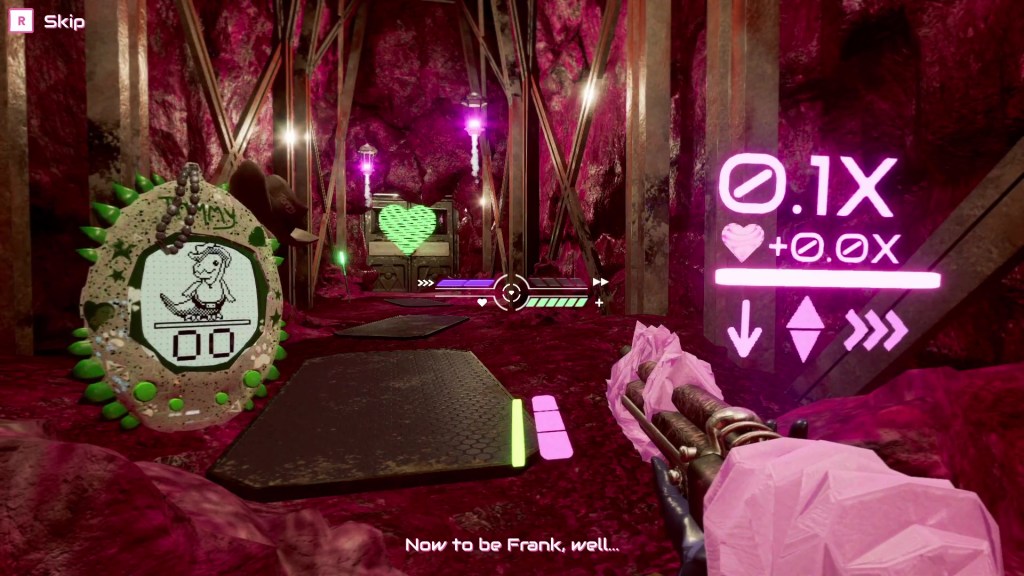 A screenshot with a Western cowboy-esque dinosaur Tamagotchi to the left and a pink shotgun to the left. There are numbers above the shotgun indicating a multiplier. 