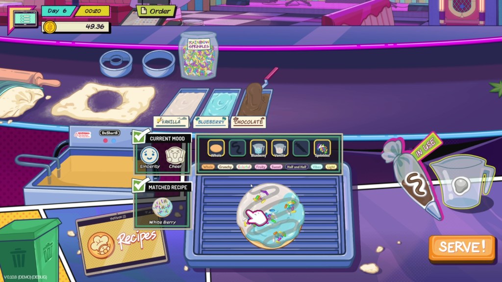 A screenshot showing the donut minigame. The recipe is for a White Berry which creates the Sincerity and Cheer mood effects.
