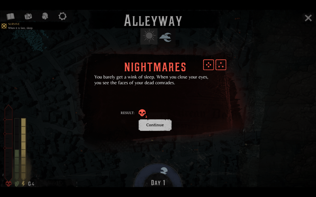 A screenshot of Duskpunk showing a failed dice roll that caused a stress effect. Text on the screen reads: “Nightmares: You barely get a wink of sleep. When you close your eyes, you see the face of your dead comrades.”