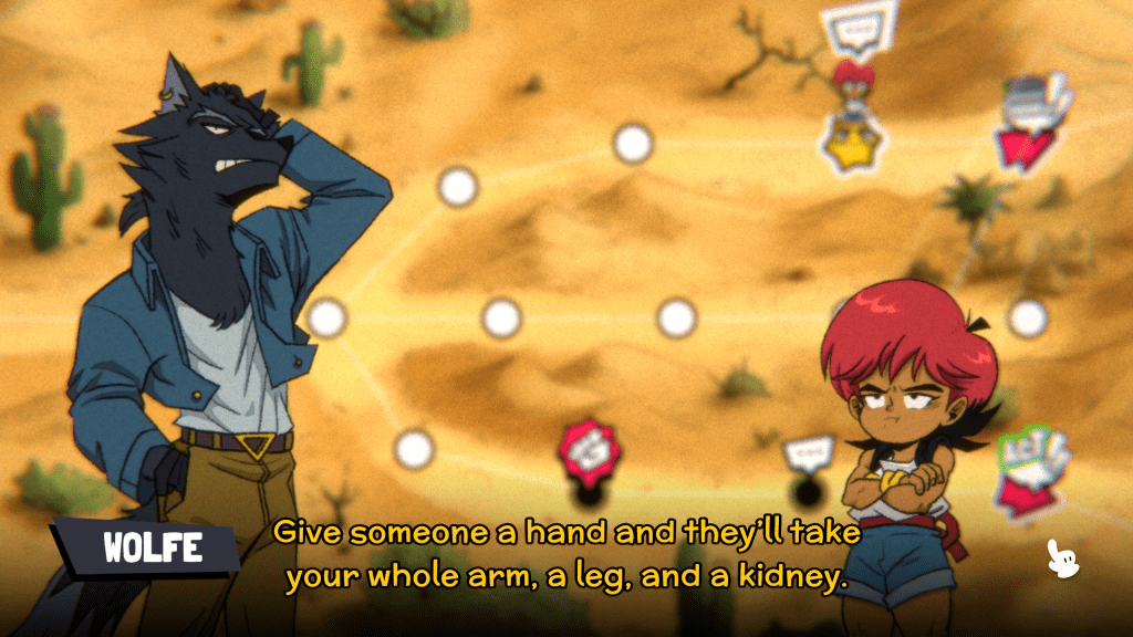 A screenshot of Wander Stars where Wolfe says to Ringo “Give some a hand and they’ll take your whole arm, a leg, and a kidney” in a desert.
