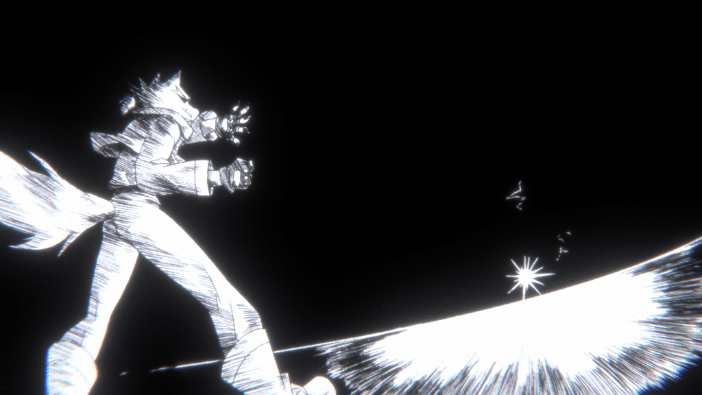 A black and white screenshot of Wander Stars where Wolfe, a wolf-like man, has his hands raised against an approaching energy blast.