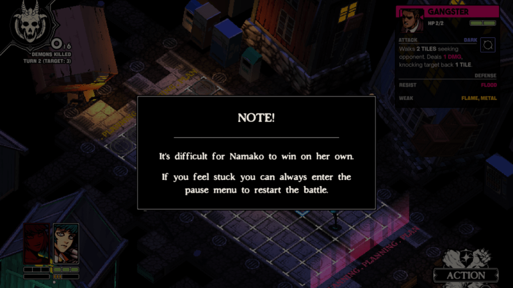 A screenshot of Demonschool showing a message on screen that reads “Note! - It’s difficult for Namako to win on her own. If you feel stuck you can always enter the pause menu to restart the battle.”