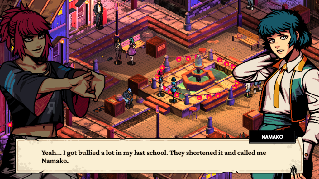 A screenshot of Demonschool where Namako, talking to Faye in a front of a water fountain, says “Yeah… I got bullied a lot in my last school. They shortened it and called me Namako.”
