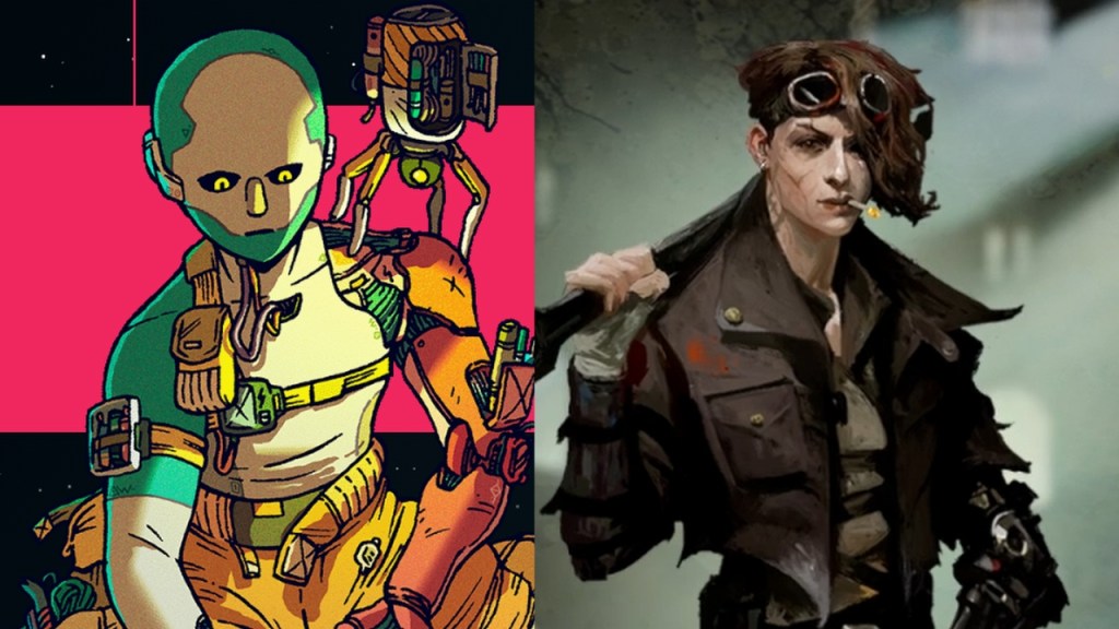 A picture showing a Sleeper from Citizen Sleeper on the left, covered in pockets that are protruding tools and brandishing a robotic helper on their shoulder, and the character Zai from Duskpunk on the right, who's holding a wrench in her left arm and a cigarette in her mouth.