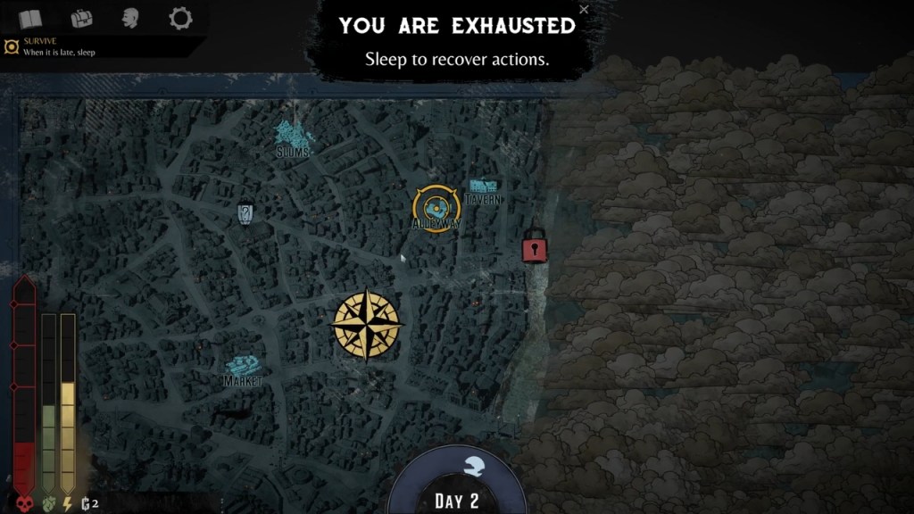 A screenshot of Duskpunk at nighttime. At the top of the screen, text reads: "You are exhausted. Sleep to recover actions."
Below the text is a map of Dredgeport, Duskpunk's city setting, during nightfall.