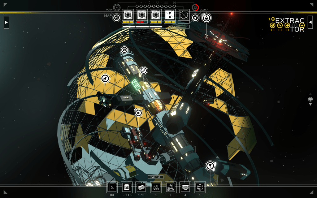 A screenshot of Citizen Sleeper 2: Starward Vector that shows the Hollow, a techologically-advanced space station  in the shape of a bubble with hexagonal holes and panels.