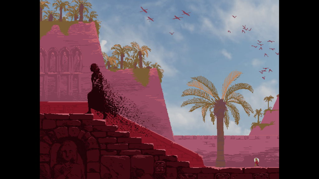 A screenshot of Love Eternal where a figure, presumably a goddess, turns to dust as she climbs steps. The protagonist Maya walks behind her.