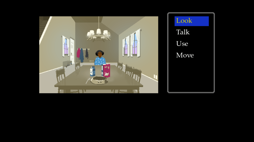 A screenshot of Love Eternal showing the point and click section. To the right is a menu with the options Look, Talk, Use, and Move. To the left is a smaller screen displaying Maya's mom at the end of a table. On the table side closest to the player lies a dog bowl, milk, and cereal.