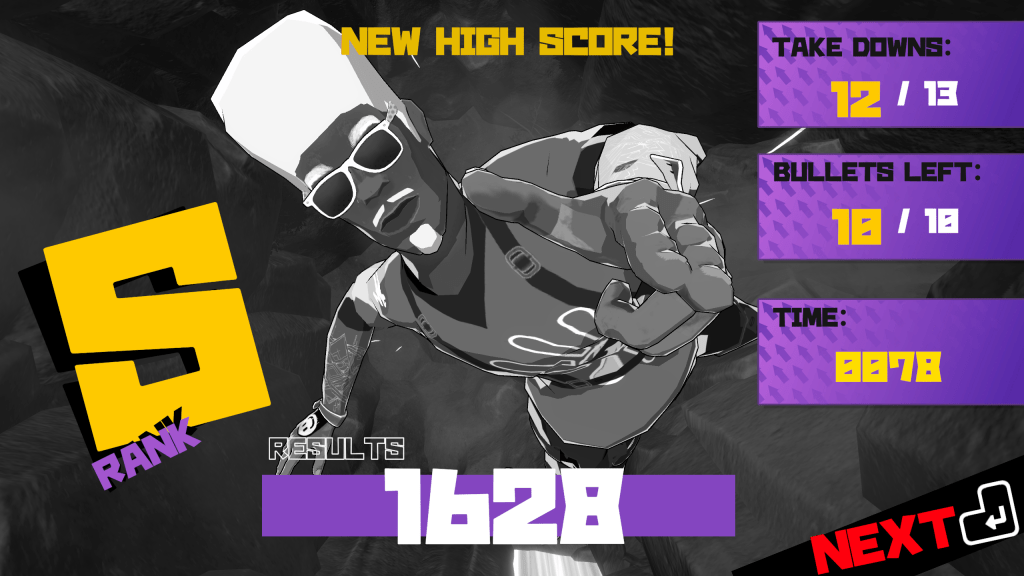A screenshot of Dropshot that shows the end screen of a level. In this one, Smoke Wallace is pointing his finger guns at the player. To his left is text that reads S Rank. To his right is the player's stats. There are 12/13 takedowns, 10/10 bullets left, and 78 seconds under time. The final score result is 1628.