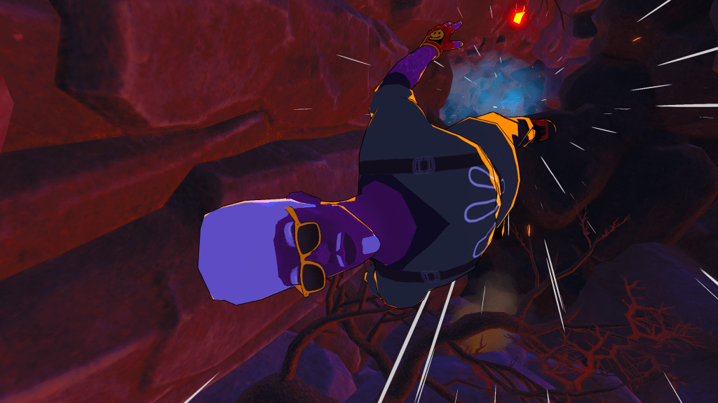 A screenshot of Dropshot that shows Smoke Wallace diving headfirst into what appears to be a volcano.