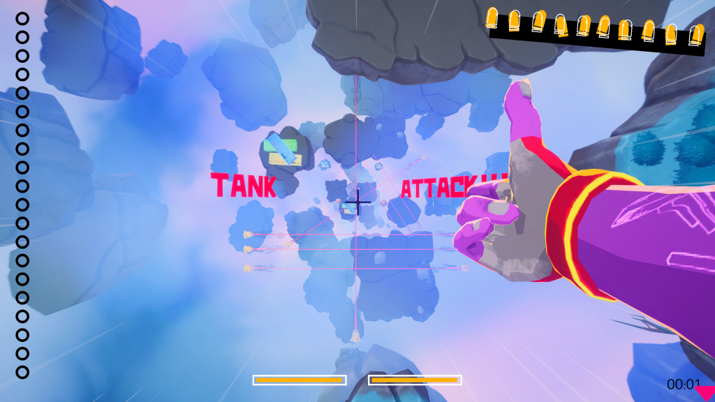 A screenshot of Dropshot that shows Smoke Wallace's fingers in a gun formation. Ahead of him is many floating rocks, lasers, and text that reads TANK ATTACK.